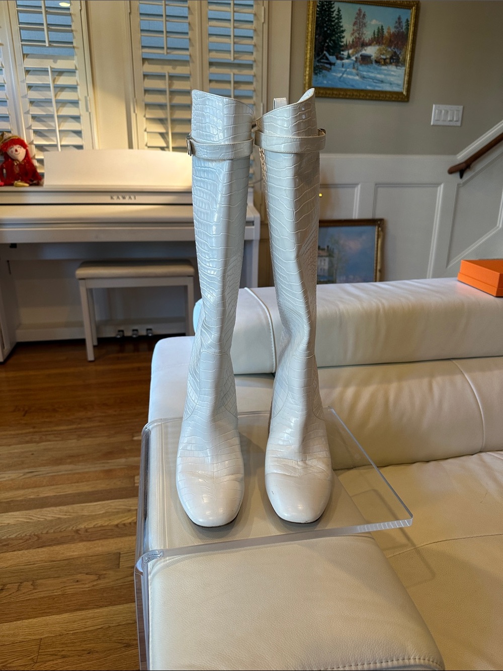 Fendi White Croc-Embossed Leather Knee-High Boots